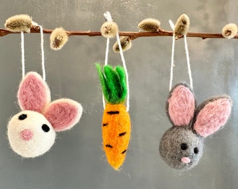 Felted Easter Ornament - Wool Felt Carrots or Bunnies for Seasonal Trees Tiered Tray - Spring and Summer Ornaments - Easter Bunny Decor Art