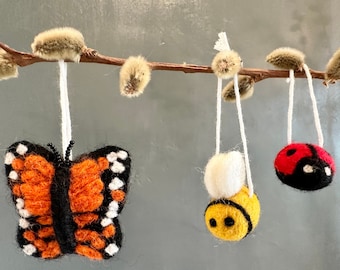 Felt Bumble Bee, Lady Bug, or Monarch Butterfly Ornament or Loose Wool Felt Honey Bees Lady Birds Butterflies for Seasonal Spring Summer Art