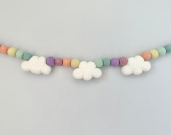 Customizable Pastel Rainbow Cloud Garland - Sky Felt Ball Mantel Banner - Spring / Summer Bunting Party Decor - Solid Wool Felted Pom Clouds