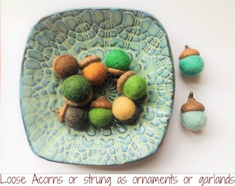 Customizable Wool Acorns in Greens Blues Neutral Colors - Sets of Loose Felted Acorn Garlands and Ornaments - Custom Woodland Nursery Decor