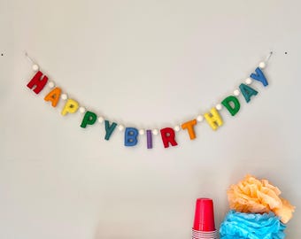 Rainbow HAPPY BIRTHDAY felt banner w/ Optional felt balls - customizable party bunting - reusable wall decor for children adults