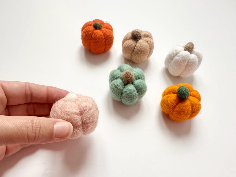 May include: Six felt pumpkins in various colors, including orange, green, white, beige, and pink. The pumpkins are all about 2 inches in diameter and have a stem on top.