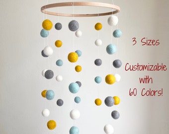 Customizable Felt Ball Ceiling Mobile - Gender Neutral Blue Gold Gray White Nursery Decor - DIY Baby Shower Gift - Wool Felted Childrens Art