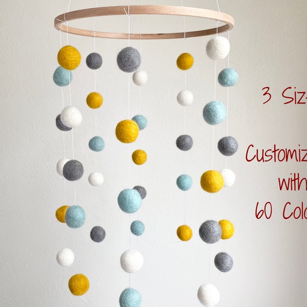 Customizable Felt Ball Ceiling Mobile - Gender Neutral Blue Gold Gray White Nursery Decor - DIY Baby Shower Gift - Wool Felted Childrens Art