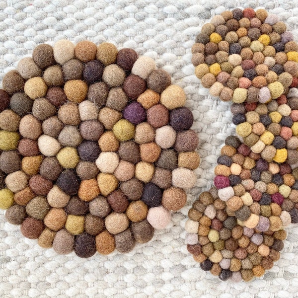 Felt Ball Trivet & Coasters - SOLD INDIVIDUALLY - Brown wool coasters and/or pad - Neutrals Pom Housewarming Trivet - Earth Tone Kitchen Pad