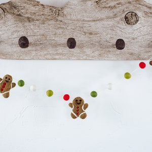 Choose Colors Gingerbread Man & Felt Ball Garland - Wool Felted Christmas Cookie Banner - Holiday Mantel Bunting Tree Trimming in Red Greens