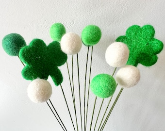 St Patricks Day Felt Ball Bouquet - Customizable Emerald Green Shamrock Bouquet - Bright Faux Craspedia - Custom Flowers White or Green Stem