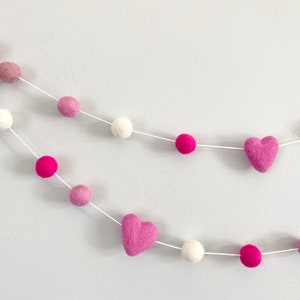 Pick Colors Wool Heart Garland - Fuchsia Baby Pink White Felt Ball Valentines Day Bunting - Felted Seasonal Banner - Heart Wall Decor