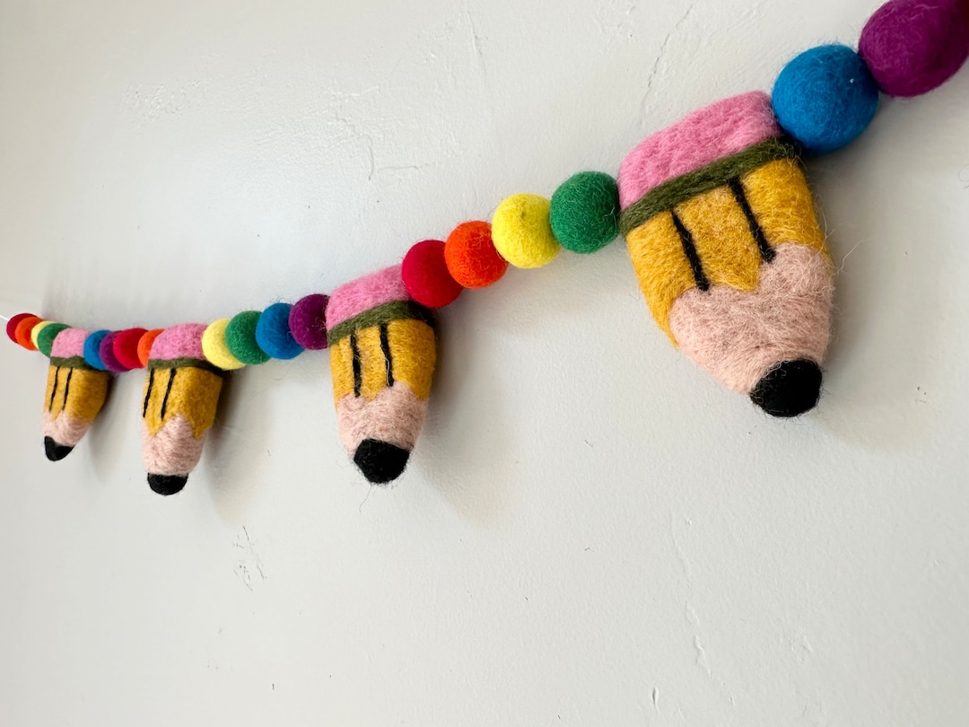 Arosche Back To School Decorations 7.5 Ft Felt Pompom Banner Cute 3D Pencil Apples Felt Ball Pre-Assembled Hanging Banner Welcome Back To School Garland For Classroom, Mantle, Wall, Party Supplies