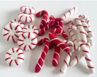 Wool Felt Peppermint Patty Toy - Needle Felted Mint Candy Cane for Montessori Christmas - Cats Winter Holiday Catnip Kicker Play
