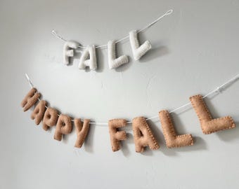 FALL or HAPPY FALL felt banner w/ Optional felt balls - Custom Fall harvest bunting - reusable wall decor for autumn holiday gatherings