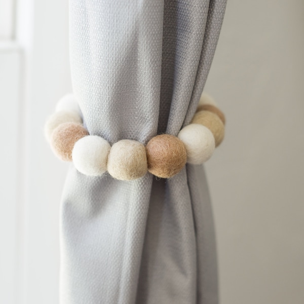 Custom Neutrals Curtain Tie Backs - Felt Ball Curtain Ties - Neutral Window Accessories - Set of Felt Drapery Pull Backs in Shades of Tan