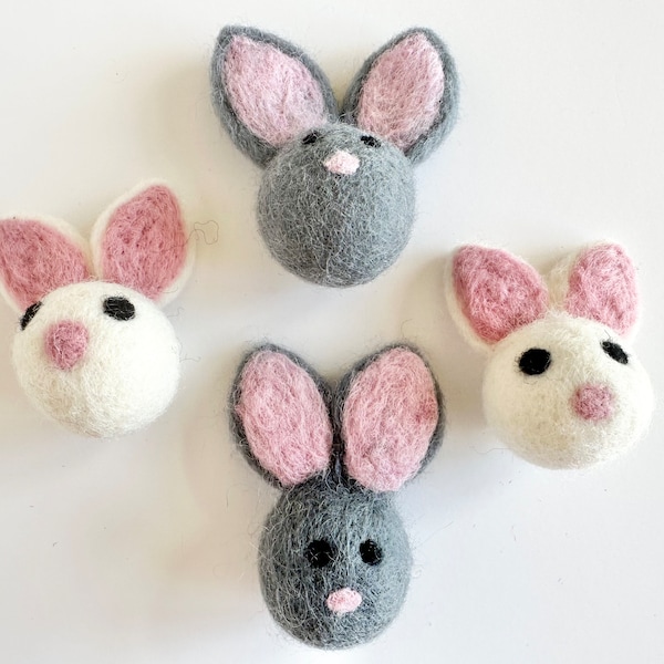 Solid Wool Felted Bunny Toy - Sold Individually Felt Rabbit - Neutral Color White or Gray w/ Pink Ears - Kid Montessori Play Cat Playtime