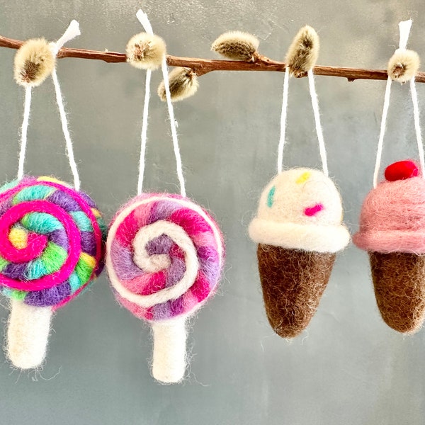 Felt Ice Cream Cone or Lollipop Ornament - Felted Wool Frozen Treats Holiday Tree Decoration - Summer Art Spiral Suckers for Christmas Decor