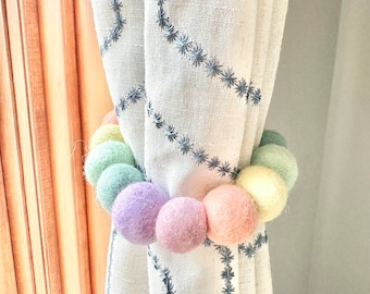 Customizable Curtain Tie Backs - Pastel Felt Ball Ties - Soft Rainbow Baby Nursery Decor - Colorful Set Drapery Pulls - Loop or Hook to Wall