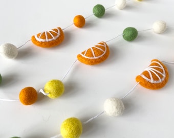 Pick Colors Wool Orange Slice Garland - Yellow Green White Felt Ball Bunting - Seasonal Summer Fruit Banner - Felted Wall Decor Art for Kids