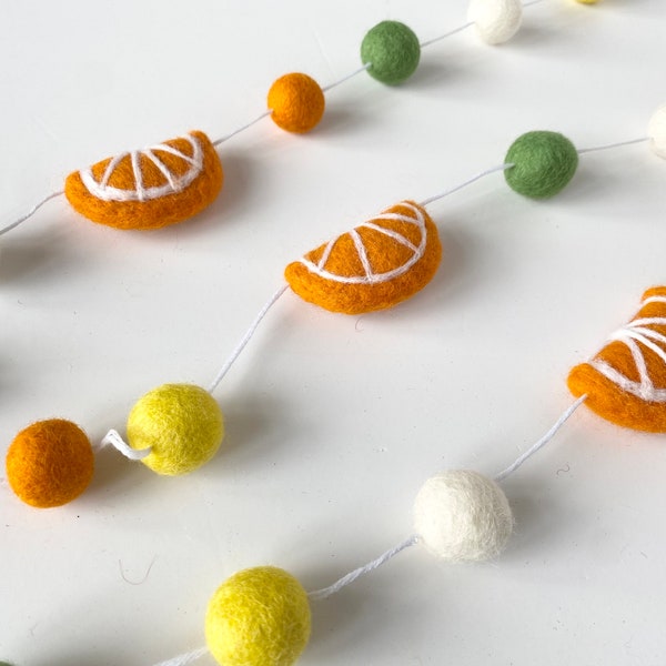 Pick Colors Wool Orange Slice Garland - Yellow Green White Felt Ball Bunting - Seasonal Summer Fruit Banner - Felted Wall Decor Art for Kids