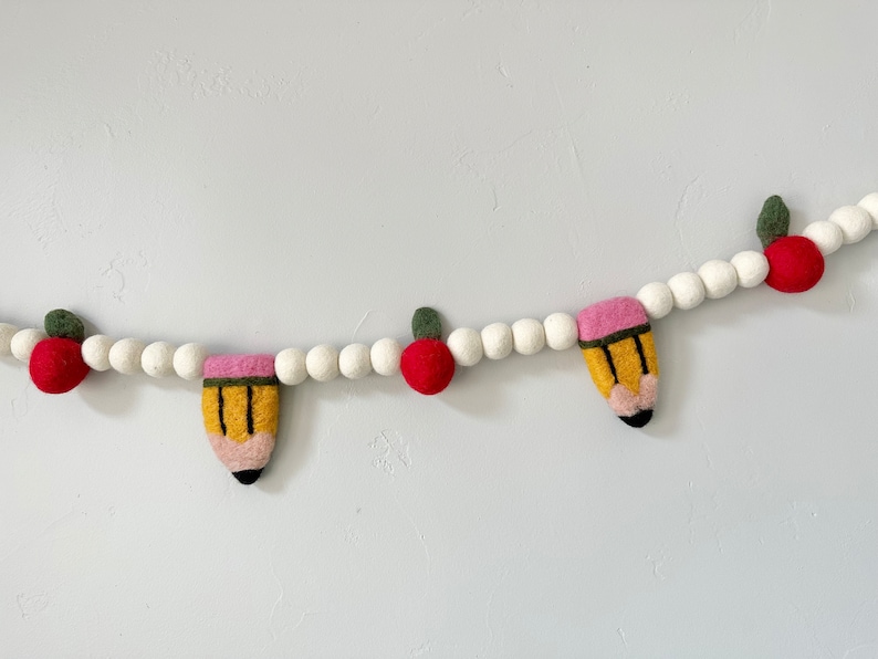 Customizable Pencil & Apple Garland - Back to School Felt Ball Banner - Classroom Party Decor - Wool Felted New Teachers Christmas Gift image 1