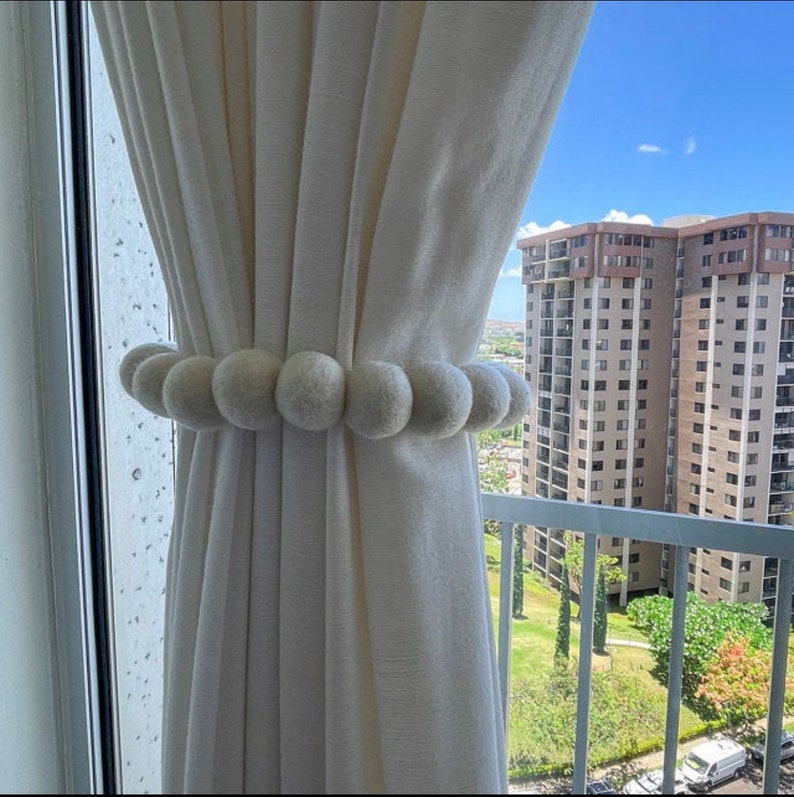 CUSTOMIZABLE Solid White Curtain Tie Backs Felt Ball Curtain Ties Neutral Baby Nursery Decor Set of White Felt Drapery Pull Backs image 5