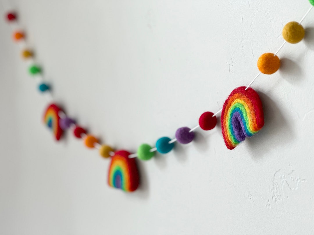 Customizable Bright Rainbow Garland - Soft Sky Themed Felt Ball Mantel ...