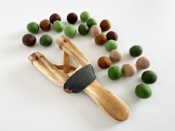 Wood Slingshot & 24 felt balls - Army Ammo or Choose Colors for FREE - Kids Stocking Stuffer, Family Game Night, Catnip Toy