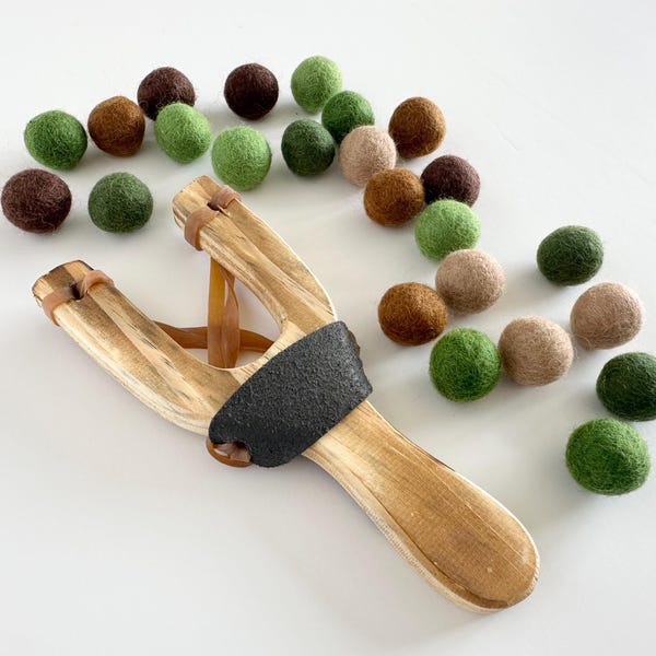 Wood Slingshot & 24 felt balls - Army Ammo or Choose Colors for FREE - Gift for Kids Stocking Stuffer - Family Game Night - Pet Catnip Toy