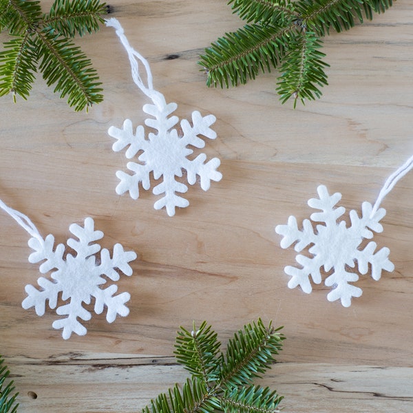 Bulk Felt Snowflake Holiday Ornaments - Flat Felted Snow Flake Christmas Decor - All White Winter Wonderland Tree Decor - Choose Size Set