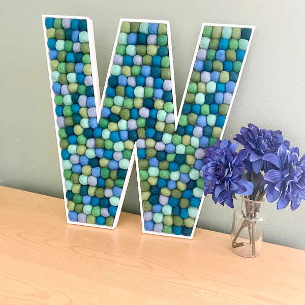 Customizable - 3 Sizes - Felt Ball Letter W - Wall Hanging or Free Standing - Custom Nursery Kids Name Sign - Initials Art Childrens Rooms