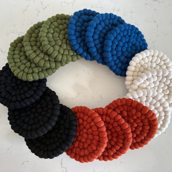 Solid Colored Felt Ball Coasters - SOLD INDIVIDUALLY - Choose your color wool coaster - Red Black White Green Blue Pom Housewarming Sets