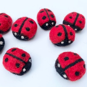 May include: Nine red and black felt ladybugs with white spots. The ladybugs are arranged in a scattered pattern on a white background.