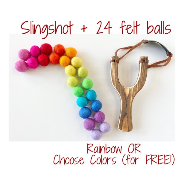Wood Slingshot & 24 wool felt balls - Choose Ammo Colors for FREE - Gift for Kids Stocking Stuffer - Family Game Night - Cat Pet Catnip Toy