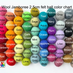 May include: Color chart of 72 felt balls, each 2.5 cm in diameter, arranged in rows. The balls are in various colors, including fuchsia, papaya, spring green, teal, navy, plum, orange, yellow, mint, violet, cranberry, straw, baby blue, grape, terracotta, tennis ball, lime, and more.