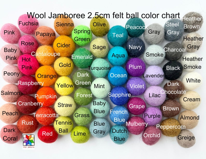 May include: Color chart of 72 felt balls, each 2.5 cm in diameter, arranged in rows. The balls are in various colors, including fuchsia, papaya, spring green, teal, navy, plum, orange, yellow, mint, violet, cranberry, straw, baby blue, grape, terracotta, tennis ball, lime, and more.
