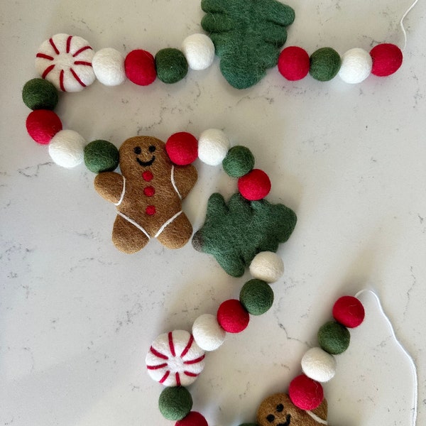 Customizable Gingerbread Man, Christmas Tree & Peppermint Candy with Felt Balls Garland - Hang Custom Wool Holiday Mantel Fireplace Bunting