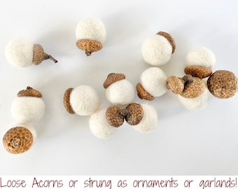 White Felted Acorns - Choose from Acorns, Acorn Ornaments, Acorn Garland - All White Felt Ornaments - Felt Acorn Fall Decor - Winter Garland