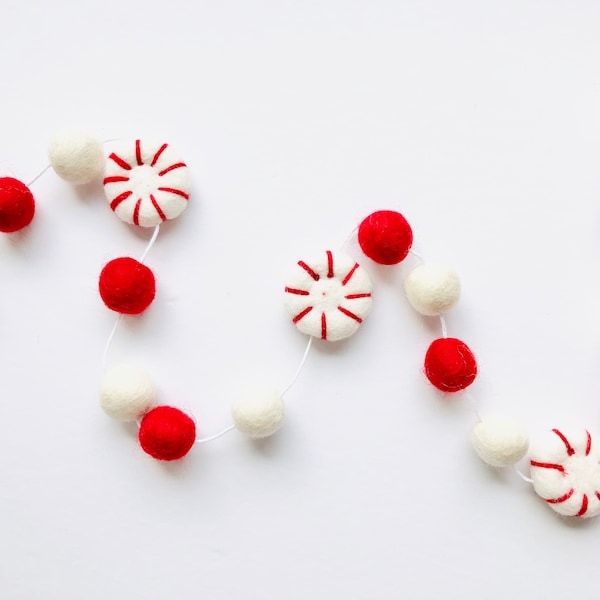 Pick Colors Peppermint Patty Candy Garland - Felt Ball and Pepper Mint Stick Banner - Holiday Red & White Stripe Mantel Tree Decor Bunting