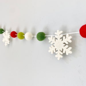 Customizable Snowflake Felt Ball Garland - Wool Felted Snow Flake Banner - Holiday Mantel Bunting - Bright Red & Green Christmas trimmings