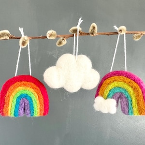Felt Rainbow or Cloud Ornament - Wool Felted Sky Theme for Spring Summer Ornaments - Seasonal White Puffy Cloud or Bright Colorful Rainbows