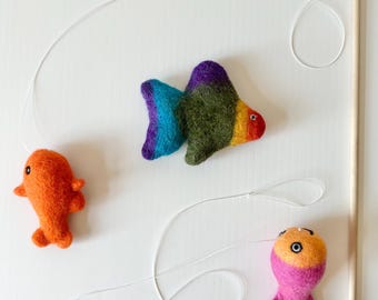 Felt Fish Cat Kicker Toy - Wool Felted Goldfish on Cord with or w/o Fishing Handle - Orange Sardine Wand Teaser for Kitten - Opt FREE Catnip