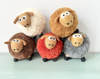Fluffy Sheep in 5 Colors - Handmade Wool Felted and Yarn Crafted Flock - Free Standing Figurines - Browns, White, Gray, Rust Red
