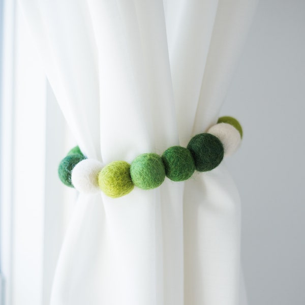 Custom Shades of Green Curtain Tie Backs - Felt Ball Curtain Tie Back - Green Nursery Whimsical Decor - Ombre and White Drapery Tie Backs