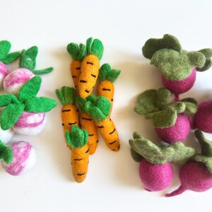 Felted Garden Vegetables - Wool Food for Crafting Garlands, Spring Veggie Ornament - Orange Carrot, Red Beet, Purple Radish - Gardener Decor