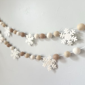 Customizable Snowflake Felt Ball Garland - Wool Felted Snow Flake Banner - Holiday Mantel Bunting - Christmas tree trimmings - All Neutrals