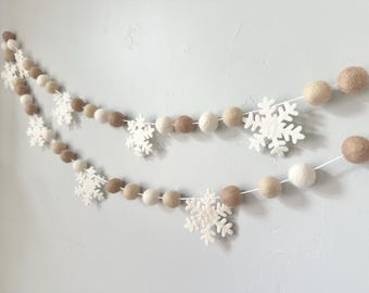Customizable Snowflake Felt Ball Garland - Wool Felted Snow Flake Banner - Holiday Mantel Bunting - Christmas tree trimmings - All Neutrals
