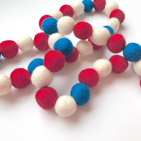 Customizable Red White & Blue Felt Ball Garland - Patriotic American Flag Banner - 4th of July party Decor - Stars Stripes Americana Bunting