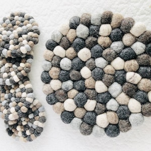Felt Ball Trivet & Coasters - Sold Individually coasters and/or hot pad - Wool Pom Mini Mats - Neutral Felt Housewarming Gift - Gray Kitchen
