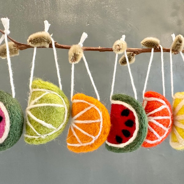 Wool Felted Fruit Ornament - 6 cm Handmade Felt Watermelon, Orange Lime Lemon Slices - DIY Garland Crafting - Summer Tree Ornament Decor