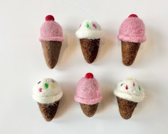 Wool Felted Ice Cream Cone Toy - Pink w/ Cherry on Top or Vanilla w/ Rainbow Sprinkles - Summer Imaginative Montessori Play or Fun Felt Cat