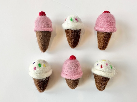 Felted Ice Cream Cone Toy - Pink w/ Cherry on Top or Vanilla w/ Rainbow Sprinkles - Montessori Play or Fun Wool Cat Toys