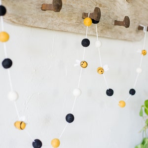 Customizable Bumble Bee Garland - Gold Black White Felt Ball Honey Bee Banner - Summer Summery Tiered Tray - Spring Birthday Party Decor
